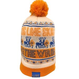 LINE Skis Pom Beanie Hat “Skiing the Wrong Way Since ’95” Orange Blue
